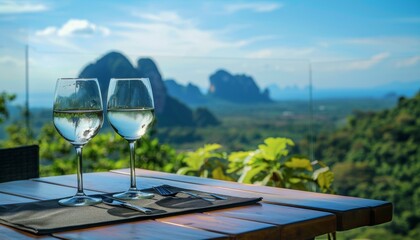 Obraz premium Ultra sharp photo of two wine glasses a table, framed by a stunning mountain view