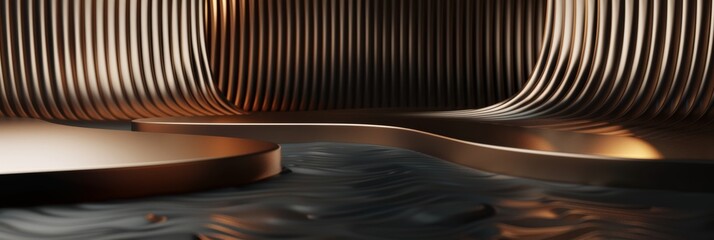 Ultra sharp photo presenting 3D render abstract platforms with golden parts, offering a realisti