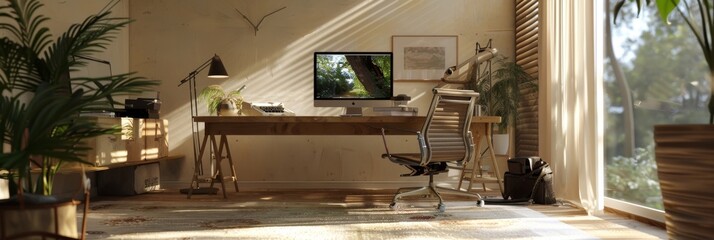 Ultra sharp photo presenting a 3D illustration of a home office