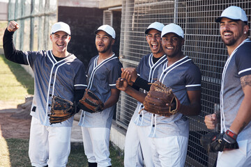 Baseball, cheer and field with team for support, happy and watch in shade from summer heat. Dugout,...