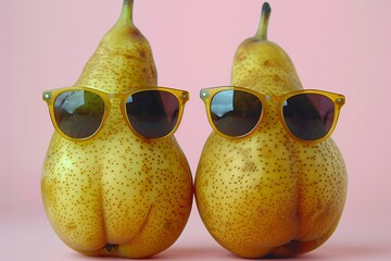 Two ripe pears with sunglasses pose against a pink backdrop, bursting with fun and quirkiness. Fresh and healthy, they exude summer vibes and style