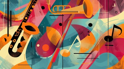 A vibrant jazz poster with bold shapes and musical notes captures the energy and joy of live music.