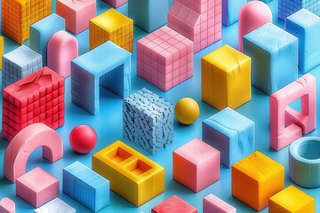 Obraz premium A colorful assortment of different blocks and shapes neatly arranged on a blue background, resembling a playful and artistic representation of a cityscape or landscape.