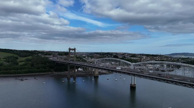 Tamar Bridge suspension bridge and Royal Albert Bridge over the River Tamar, Saltash and Plymouth