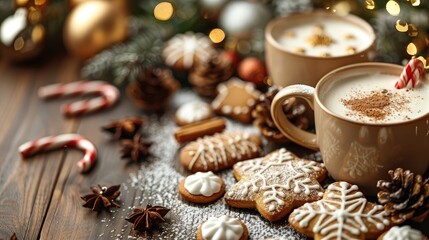 Cozy winter scene with hot chocolate, gingerbread cookies, candy canes, and festive decorations on a wooden table.