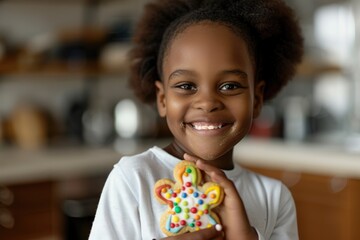 Smiling child holding decorated cookie, kitchen backdrop