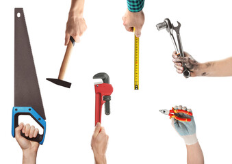 Different professions. Many various tools in people's hands isolated on white, closeup
