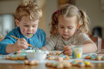 Fototapeta premium Two young children focused on painting cookies with edible color