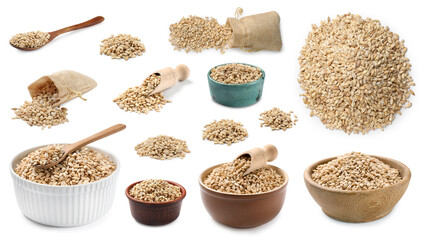 Pearl barley groats in bowls on white background, set