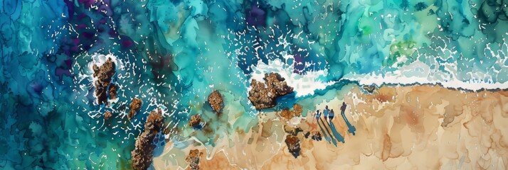 Ultra sharp photo presenting a lively watercolor seascape from a bird's eye view, depicting harmony
