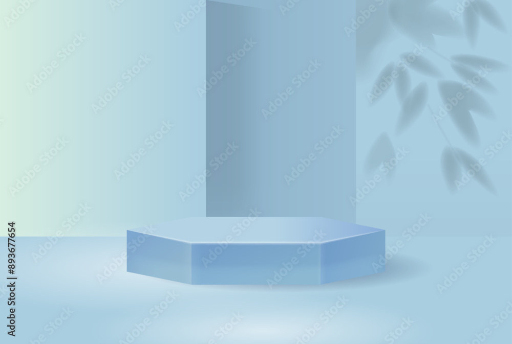 Poster abstract minimalist blue podium with soft shadows and subtle leaves in the background. realistic 3d 