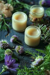 Handmade Natural Lip Balm with Fresh Herbs and Flowers Displayed for Organic Skincare
