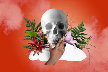 Composite collage image of skeleton skull bones hand nature plants forest fantasy billboard comics...
