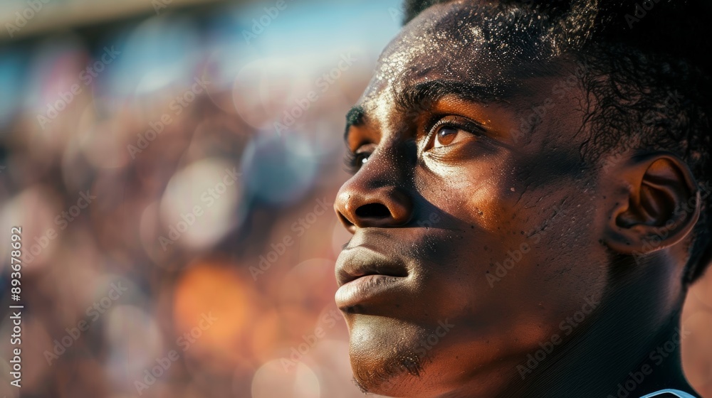 Poster intense focus of an athlete preparing for a long jump at a sporting event with blurred crowd backgro