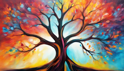 Tree painting featuring colorful leaves against a bright background, symbolizing life and nature in abstract art, watercolor painting