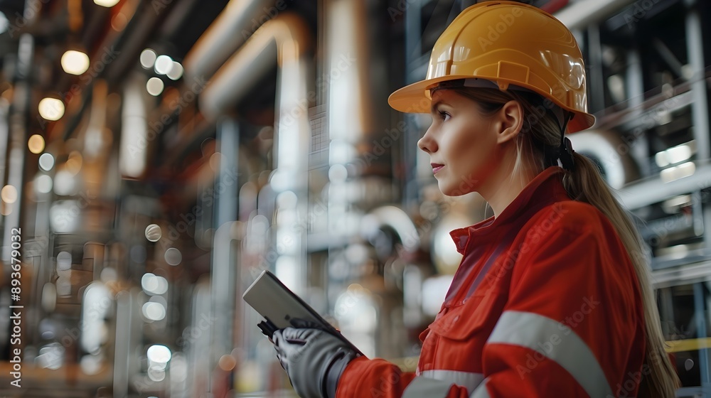 Poster industrial workers monitoring complex refinery processes with copy space