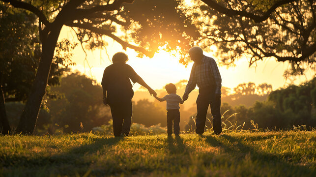 un dia soleado al atardecer y un abuelo y abuela con su nieto jugando y disfrutando al aire libre caminando por el parque celebrando el dia de los abuelos