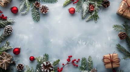 Christmas Pine Cones and Holly on Wooden Table