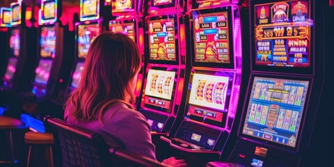 A woman playing slot machines in a brightly lit casino, immersed in the gaming experience.