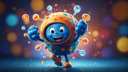 A playful cartoon character representing the immune system, surrounded by vibrant colors and bubbles.