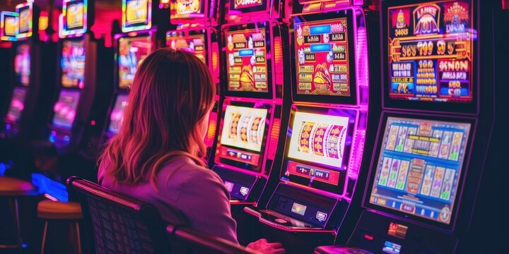 A woman playing slot machines in a brightly lit casino, immersed in the gaming experience.