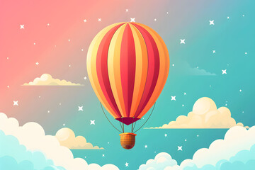 Obraz premium A vibrant hot air balloon floats above fluffy clouds in a colorful sky, evoking a sense of adventure and freedom.