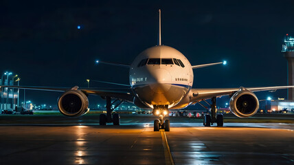 Large Commercial Airplane Parked on Runway at Night