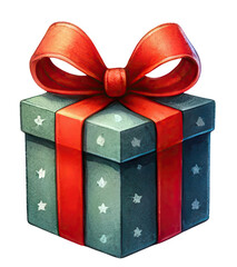 A green gift box with white stars and a red ribbon. The box is wrapped in a festive and elegant way.