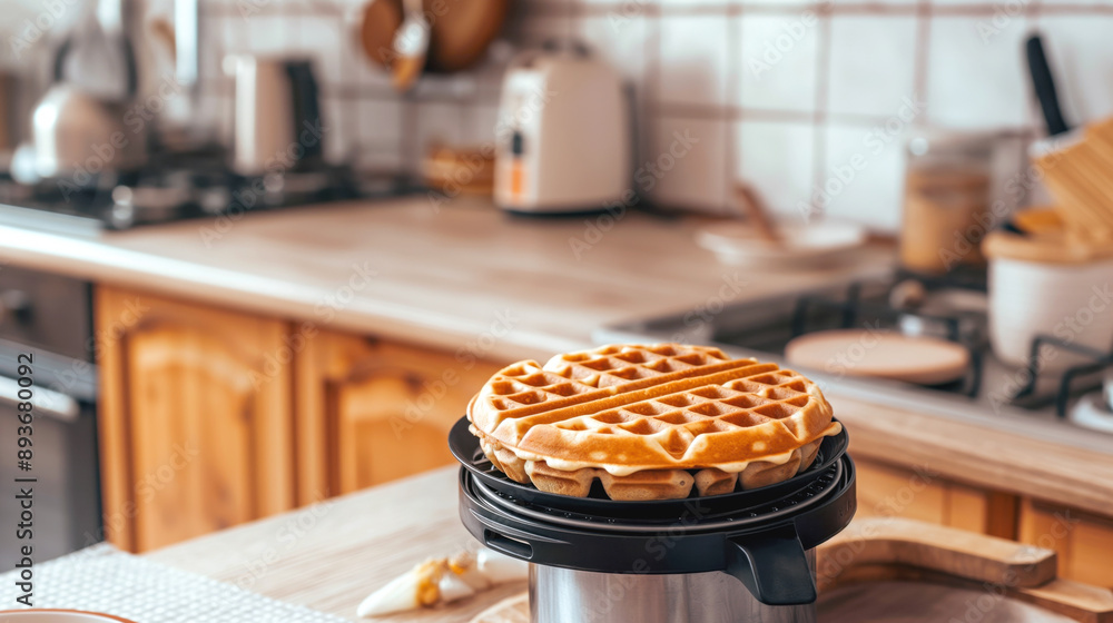 Poster freshly made waffles resting on a waffle maker in a cozy kitchen setting with wooden cabinets and ki