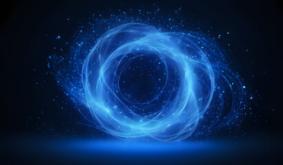 Obraz premium A ring of blue neon energy waves on a dark background with magical sparks