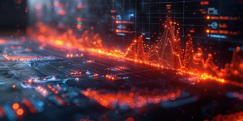 A futuristic visualization of financial data with glowing charts and graphs, representing digital economy and analytics.