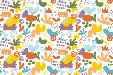 Fototapeta premium Colorful doodle and organic shapes seamless pattern. Fun scribble various geometric shapes pattern. Childish scribble shape pattern 