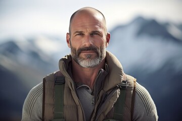 Portrait of a merry man in his 40s dressed in a breathable mesh vest isolated on snowy mountain range