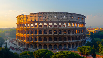 The Colosseum in Rome shines brilliantly under the sunset, highlighting Roman architectural magnificence. This iconic amphitheater embodies Europes diverse history and culture
