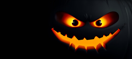 Naklejka premium 3D evil jack-o'-lantern face with glowing eyes and sinister grin, Halloween banner