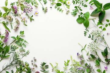 Naklejka premium Frame of assorted fresh herbs and flowers on white background