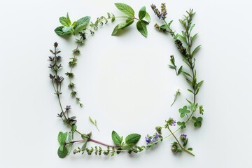 Circular arrangement of various green herbs on white background