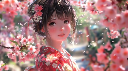 beautiful girl dressed in a traditional Japanese kimono with intricate floral pattern, her hair styled elegantly with kanzashi hairpins. zen garden in the background, where cherry blossoms fall gently