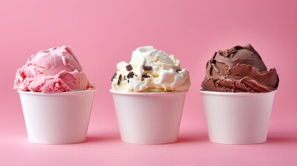 Mockup Strawberry, vanilla and chocolate soft serve ice cream in empty paper cup packaging template collection isolated on pink background