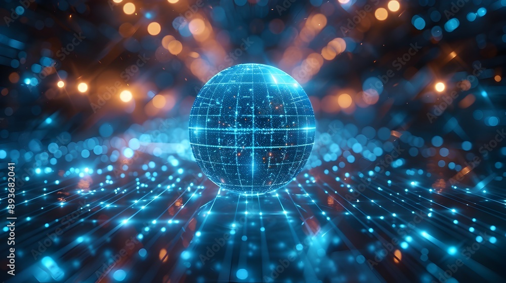 Poster neon blue grid pattern with glowing sphere symbolizing data network connectivity