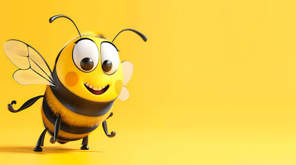 Obraz premium Animated cute bee with a cheerful expression against a bright yellow background.