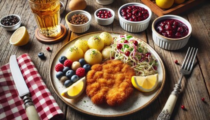 Wiener Schnitzel with breaded and fried veal cutlet, served with a slice of lemon, potato and cabbage and berry sauce