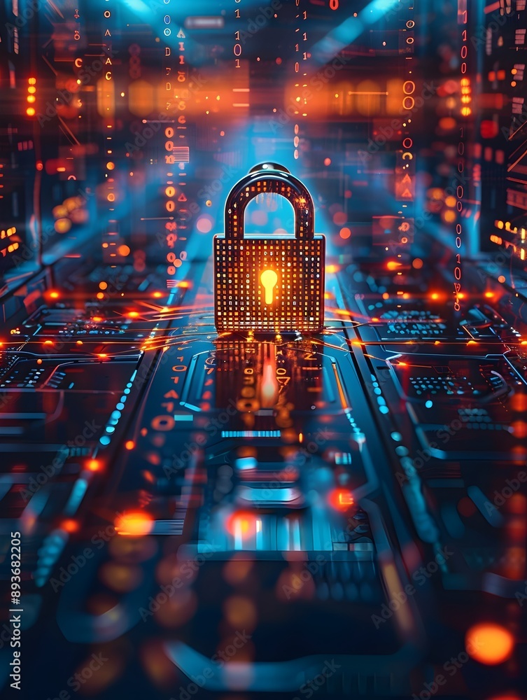 Poster glowing digital lock surrounded by binary code and encryption symbols cybersecurity concept