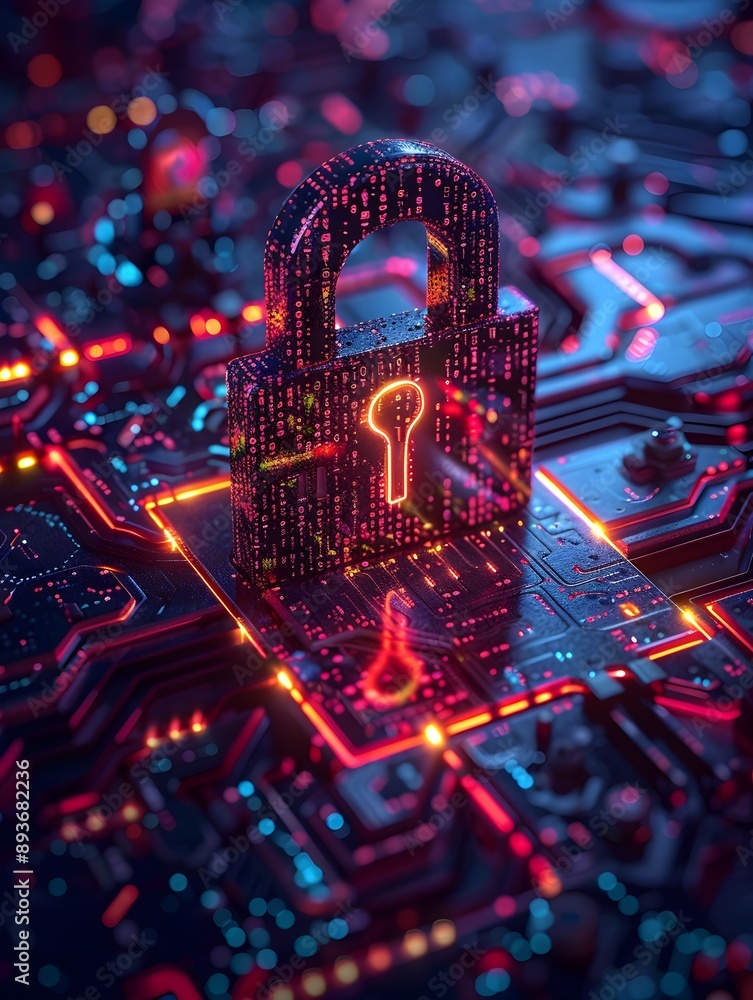 Poster cybersecurity concept with glowing digital lock surrounded by binary code and encryption symbols