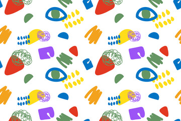 Colorful doodle and organic shapes seamless pattern. Fun scribble various geometric shapes pattern. Childish scribble shape pattern 