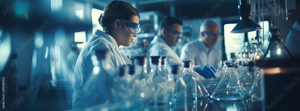 Poster lab scientists working in a modern laboratory