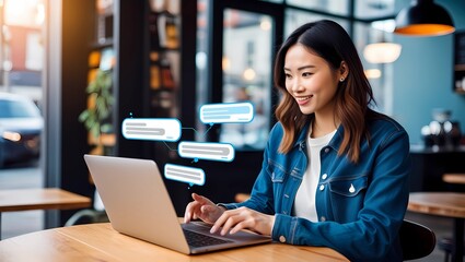 AI Communication: Woman Engaging with Virtual Intelligence, the future of personalized digital assistance and human-machine collaboration, a moment of technological interaction.