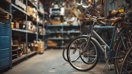 Obraz premium Cluttered Garage with Bicycles and Storage Boxes in the Background