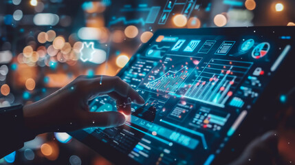 Close-up of a man working on a modern digital tablet with a virtual interface against the backdrop of a dark office. Technology concept.