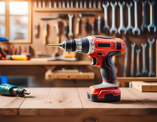 electric drill.an electric cordless drill screwdriver tool on a wooden work table, with a softly blurred wall of tools in the background. Emphasize the warmth and hands-on creativity of the workshop e